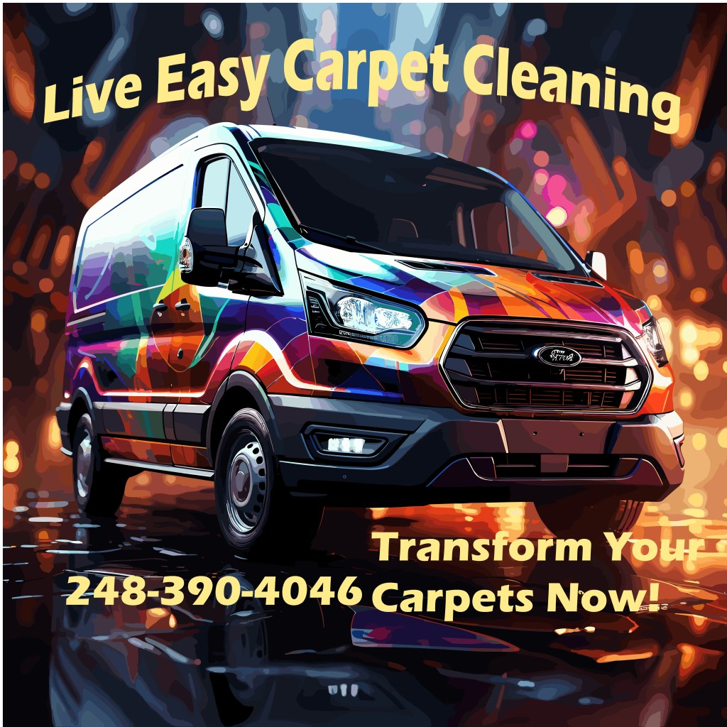multicolored carpet cleaning work van design with the carpet cleaning contact number 248-390-4046