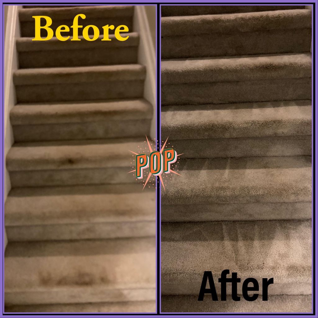 before and after image of stair carpet cleaning 